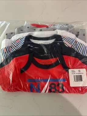 Nautica Boys' Red and Navy Short Sleeve Tee Set - 5 Pack 3/6 M and Svaha onesie